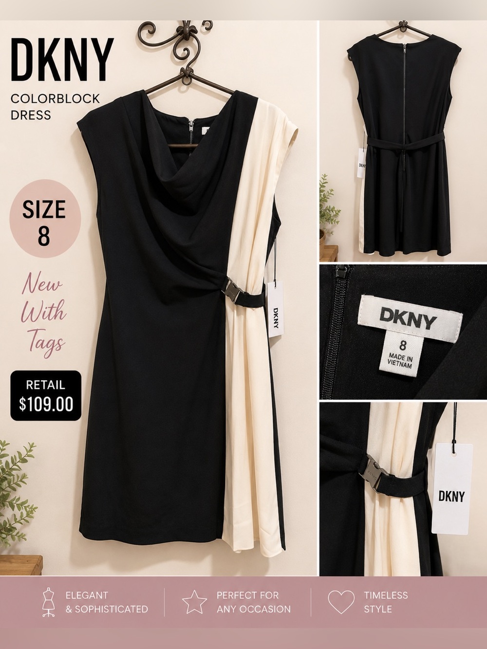 DKNY Black and Cream Colorblock Midi Dress